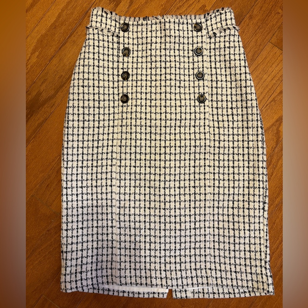 Ann Taylor Black and White Tweed-Check Pencil Skirt